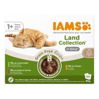 IAMS Land Collection in Gravy. Getreidefreie Rezeptur, 100% vollwertig und ausgewogen. 12x85g mit Lamm & Rind, Ente & Karotten, Huhn. Ohne Zuckerzusatz, künstliche Farbstoffe oder GVO.