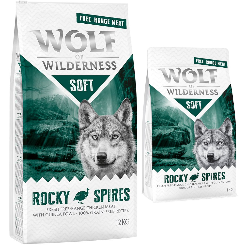 Wolf of Wilderness granule, 13 kg - 12 + 1 kg zdarma! - "Soft - Rocky Spires" - kuřecí z volného chovu s perličkou