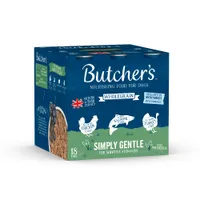 Butcher's wholegrain nourishing food for dogs, 18 tins. Simply Gentle for sensitive stomachs with prebiotics. Includes chicken and rice, salmon and rice, turkey and rice varieties.