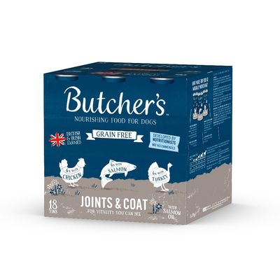Butcher's nourishing food for dogs, grain free, British and Irish farmed, developed by nutritionists. Contains 6 tins each with chicken, salmon, or turkey. Joints & coat with salmon oil.