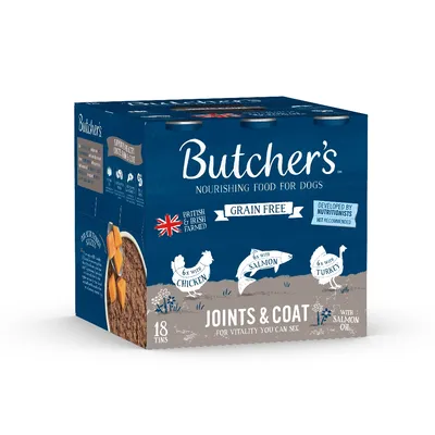 Butcher's nourishing food, grain free, developed by nutritionists, British and Irish farmed, 6 tins with chicken, 6 with salmon, 6 with turkey, joints and coat, 18 tins.