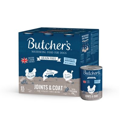 Butcher's Joints & Coat grain free food, 18 tins with chicken, salmon and turkey. British & Irish farmed, developed by nutritionists, with salmon oil for vitality.