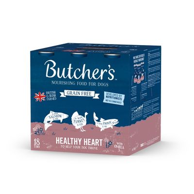 Butcher's nourishing food for dogs, grain free, British and Irish farmed, developed by nutritionists, 18 tins, healthy heart with omega 3, salmon, turkey, trout and vegetables.