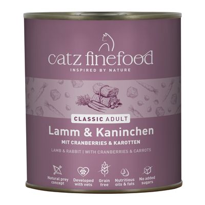 catz finefood Classic Adult Lamb & Rabbit with Cranberries & Carrots, grain-free, no added sugar, developed with veterinarians, nutrient-rich oils and fats.