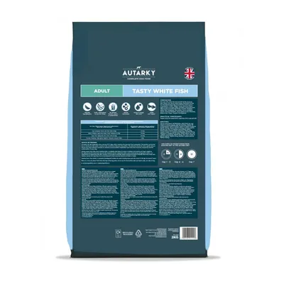 Back of Autarky Adult Tasty White Fish pet food bag showing feeding guide, ingredient icons, nutritional information, and a British flag symbol.
