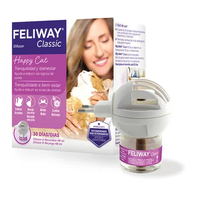 Difusor y recambio Feliway Classic 48 ml. Caja con texto: tranquilidad y bienestar, ayuda a reducir los signos de estrés. Marca recomendada por veterinarios, eficacia demostrada.