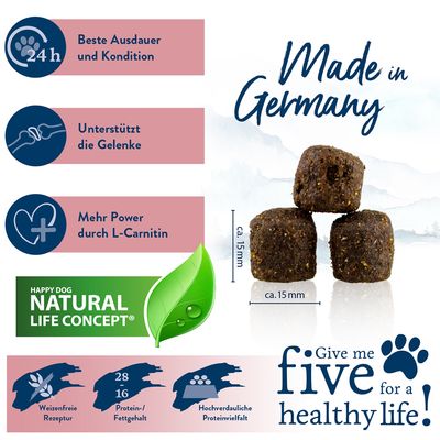 Happy Dog Natural Life Concept. Tillverkad i Tyskland. Vetefritt recept, protein-/fetthalt 28/16, lättsmält proteinkälla. Stödjer leder, uthållighet och kondition, L-karnitin för mer energi.