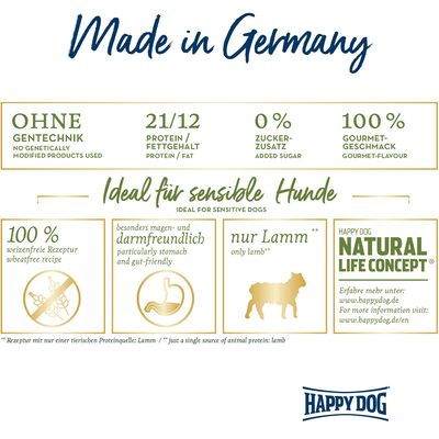 Made in Germany. Ohne Gentechnik, 21/12 Protein/Fettgehalt, 0% Zuckerzusatz, 100% Gourmet-Geschmack. Ideal für sensible Hunde: weizenfrei, magendarmfreundlich, nur Lamm. Happy Dog Natural Life Concept.