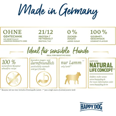 Made in Germany. Ohne Gentechnik, 21/12 Protein/Fettgehalt, 0% Zuckerzusatz, 100% Gourmet-Geschmack. Ideal für sensible Hunde: weizenfrei, magendarmfreundlich, nur Lamm. Happy Dog Natural Life Concept.