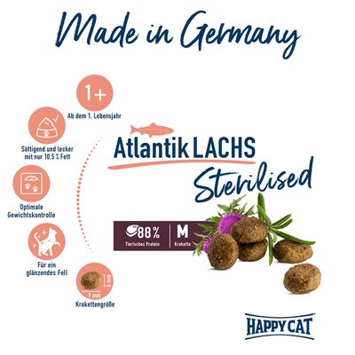 Happy Cat Atlantik Lachs Sterilised, ab dem 1. Lebensjahr, 10,5% Fett, optimale Gewichtskontrolle, glänzendes Fell, Krokettengrösse 9mm, 88% tierisches Protein, Made in Germany.