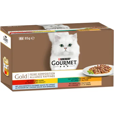 Purina Gourmet Gold kissan märkäruoka, 4 x 85 g. Pakkauksessa valkoinen kissa ja annos ruokaa lautasella. Näkyvissä makuvaihtoehdot: naudanliha & kana, kani & maksa, kala & pinaatti, ankka & kalkkuna.