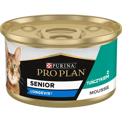 Purina Pro Plan Senior Longevis z tuńczykiem mousse – puszka karmy dla kota, widoczny napis i zdjęcie kota na etykiecie.