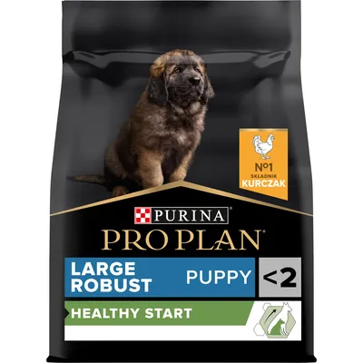 Purina Pro Plan Large Robust Puppy <2 Healthy Start, nr 1 składnik kurczak. Opakowanie z wizerunkiem szczeniaka dużej rasy. Purina Pro Plan Large Robust Puppy <2 Healthy Start, nr 1 składnik kurczak. Opakowanie z wizerunkiem szczeniaka dużej rasy.