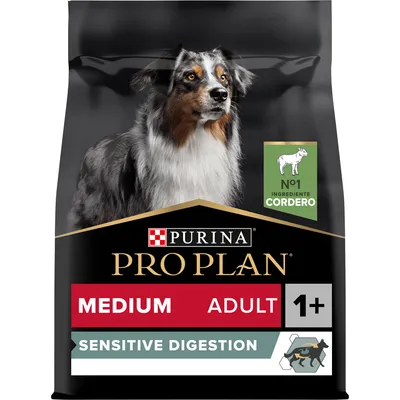 Saco de pienso Purina Pro Plan Medium Adult 1+ Sensitive Digestion. Texto visible: No1 ingrediente cordero. Saco de pienso Purina Pro Plan Medium Adult 1+ Sensitive Digestion. Texto visible: No1 ingrediente cordero.