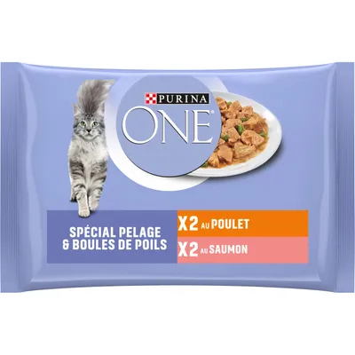 Опаковка Purina ONE, изображение на котка и купа с хапки. Текст: SPÉCIAL PELAGE & BOULES DE POILS, X2 AU POULET, X2 AU SAUMON.