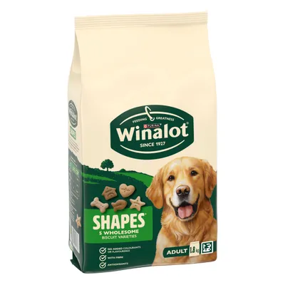 Winalot Shapes 5 Wholesome Biscuit Varieties, adult, 1,8 kg. No added colourings or flavours, with fibre and antioxidants.