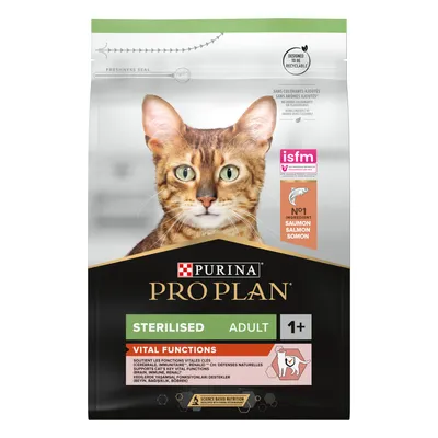 Bag labelled sterilised adult, vital functions, number one ingredient salmon, designed to be recyclable, suitable for pets aged 1 plus. ISFM certified. Freshness seal shown. Bag labelled sterilised adult, vital functions, number one ingredient salmon, designed to be recyclable, suitable for pets aged 1 plus. ISFM certified. Freshness seal shown.
