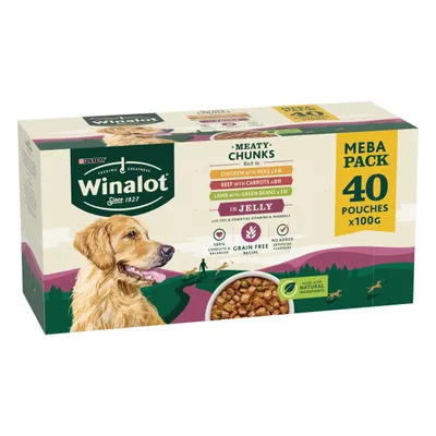 Winalot meaty chunks in jelly, mega pack of 40 pouches x 100g. Includes chicken with peas, beef with carrots, lamb with green beans. Grain free, no added artificial flavours.