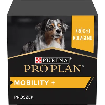 Purina Pro Plan Mobility+ proszek, źródło kolagenu. Opakowanie z wizerunkiem psa i widocznymi napisami: MOBILITY+, PROSZEK, ŹRÓDŁO KOLAGENU.