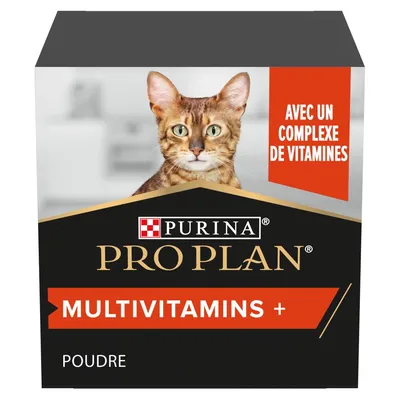 Boîte Purina Pro Plan Multivitamins+ pour chats, poudre. Texte visible : 'Avec un complexe de vitamines'. Image d’un chat sur l’emballage.