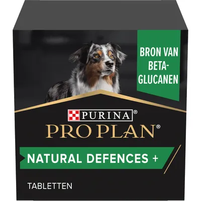 Purina Pro Plan Natural Defences+ tabletten, bron van beta-glucanen. Verpakking met afbeelding van hond.