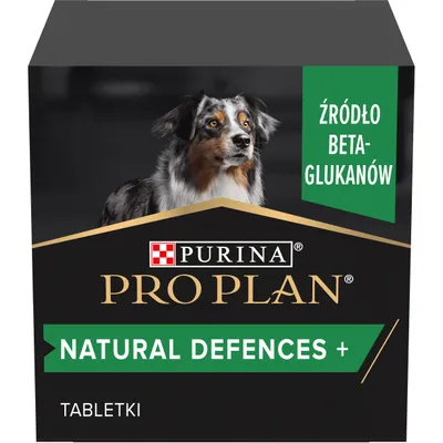 Purina Pro Plan Natural Defences+ tabletki, źródło beta-glukanów. Opakowanie z wizerunkiem psa.