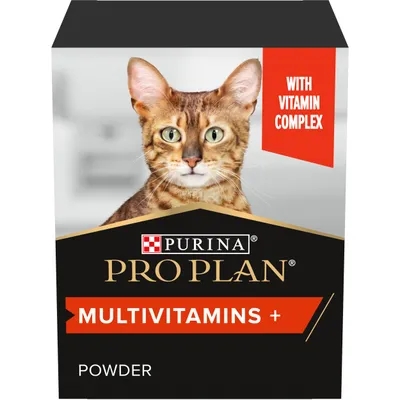 Purina Pro Plan Multivitamins+ Powder for cats, with visible text 'WITH VITAMIN COMPLEX' on packaging