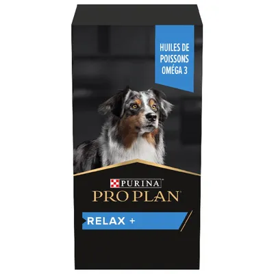 Sac Purina Pro Plan Relax+ pour chien, mention visible : huiles de poissons oméga 3. Photo d’un chien sur l’emballage.