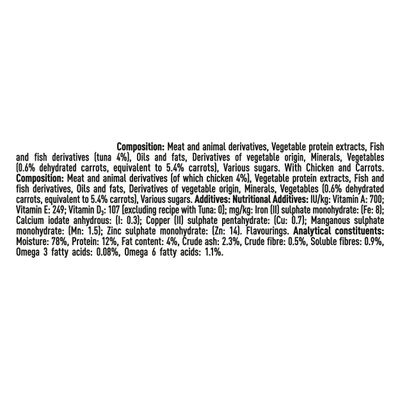 Sammensætning: Kød, fisk, grøntsager, olier, mineraler. Analyse: Fugtighed 78%, protein 12%, fedt 4%, råaske 2,3%, råfibre 0,5%, omega-3 0,08%, omega-6 1,1%.