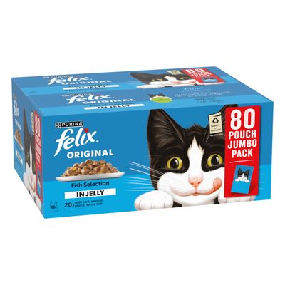 Purina Felix Original Fish Selection in Jelly, 80 Pouch Jumbo Pack. 20x with cod, salmon, plaice, whitefish.