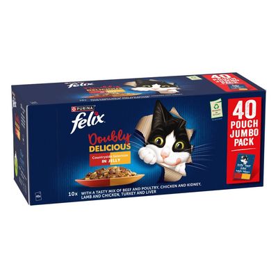 Felix Doubly Delicious Countryside Selection in Jelly, 40 pouch jumbo pack. Includes beef and poultry, chicken and kidney, lamb and chicken, turkey and liver varieties.