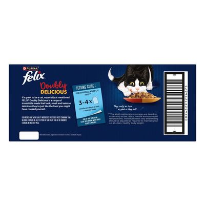 Feeding guide for average adult cat: 3-4 pouches per day in at least 2 separate meals. Product description and barcode also visible.
