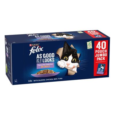 Felix As Good As It Looks Favourites Selection in Jelly, 40 pouch jumbo pack with salmon, chicken, beef and tuna, 10 pouches of each flavour.