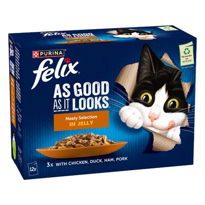 Felix As Good As It Looks Ocean Feasts Selection in Jelly, 12 pouches with cod, plaice, salmon and tuna. Pouches are recyclable.