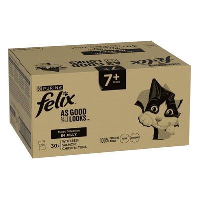 Felix As Good As It Looks mixed selection in jelly for 7+ years, 30 packs with beef, salmon, chicken, tuna. 100% complete and balanced, contains protein and antioxidants.