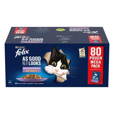 Felix As Good As It Looks Favourites Selection in Jelly, 80 pouch mega pack with beef, chicken, tuna and salmon. Packaging states product is recyclable.