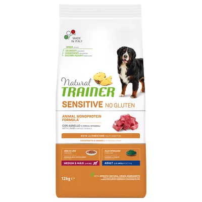 Natural Trainer Sensitive No Gluten, Animal Monoprotein Formula s janjetinom i cjelovitim žitaricama, Made in Italy, 12kg. Za srednje i velike pse od 12 mjeseci. Bez boja, konzervansa, šećera.