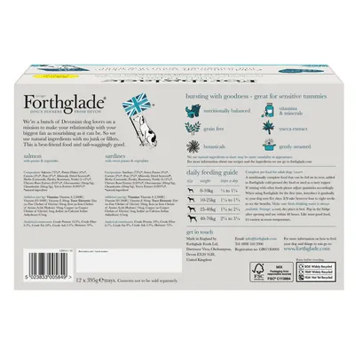 Product packaging showing ingredients, feeding guide by weight, and features such as nutritionally balanced, grain free, botanicals, vitamins and minerals, yucca extract, gently steamed.
