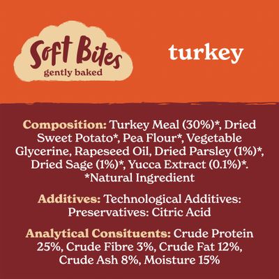 Soft Bites gently baked turkey. Composition: turkey meal 30%, sweet potato, pea flour, vegetable glycerine, rapeseed oil, parsley, sage, yucca extract. Additive: citric acid. Protein 25%.