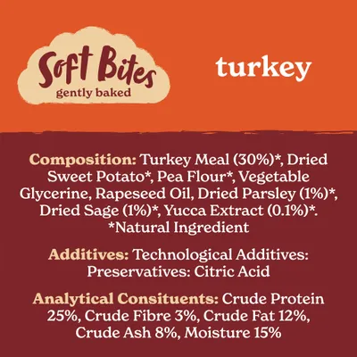 Soft Bites gently baked turkey. Composition: turkey meal 30%, sweet potato, pea flour, vegetable glycerine, rapeseed oil, parsley, sage, yucca extract. Additive: citric acid. Protein 25%.