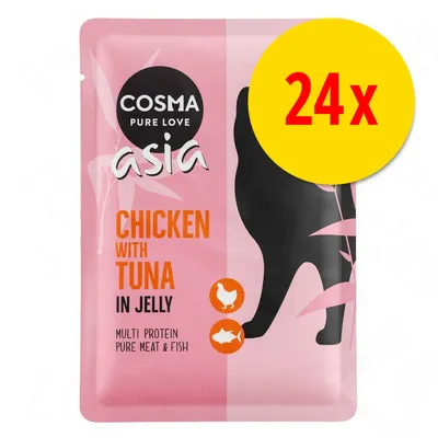 Cosma Asia Chicken with Tuna in Jelly, multi protein pure meat & fish, lot de 24 sachets. Texte en anglais visible sur l’emballage.
