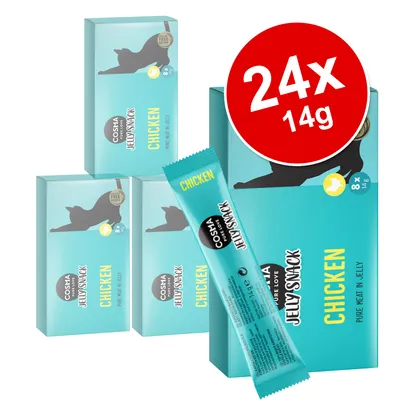 COSHA Jelly Snack Chicken, 24 x 14g packs shown. Blue boxes with black cat silhouette, yellow 'CHICKEN' text, and one stick pack visible. Large red circle: 24x 14g.