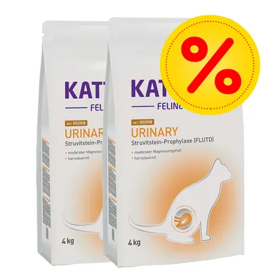 To poser Kattovit Feline Urinary med kylling, 4 kg, tekst: Struvitstein-Prophylaxe (FLUTD), moderater Magnesiumgehalt, harnsäuernd. Gult procenttegn øverst til højre.