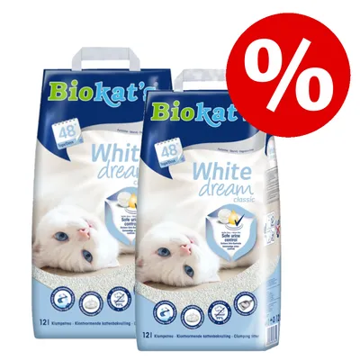 Lot de 2 sacs Biokat's White Dream Classic litière agglomérante pour chat, 12L chacun, texte visible : 48 Tage/Odors, Safe urine control, pictogrammes et symbole promotionnel % en rouge.