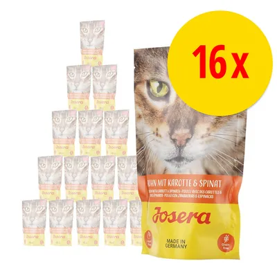 16 poser Josera kattemad, tekst: Huhn mit Karotte & Spinat, Josera, Made in Germany, Grain-free. Stor gul cirkel med rød tekst: 16x. 16 poser Josera kattemad, tekst: Huhn mit Karotte & Spinat, Josera, Made in Germany, Grain-free. Stor gul cirkel med rød tekst: 16x.