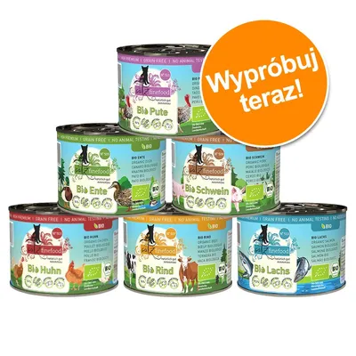 6 puszek catz finefood: Bio Pute, Bio Ente, Bio Schwein, Bio Huhn, Bio Rind, Bio Lachs. Zielone i niebieskie etykiety. Pomarańczowe koło z napisem „Wypróbuj teraz!”. 6 puszek catz finefood: Bio Pute, Bio Ente, Bio Schwein, Bio Huhn, Bio Rind, Bio Lachs. Zielone i niebieskie etykiety. Pomarańczowe koło z napisem „Wypróbuj teraz!”.