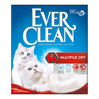 Ever Clean Super Premium Clumping Cat Litter, Multiple Cat, 10L. Text: Maximum Odour Elimination, Low Dust Formula, Activated Carbon, Continuous Freshness, Extra Odour Fighters.