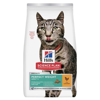 Sac Hill's Science Plan Perfect Weight Adult 1+ pour chats, avec poulet. Texte visible : « Clinically proven nutrition to reach & maintain healthy weight », sans conservateurs ni arômes artificiels.