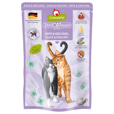 GranataPet DeliCATessen Ente & Geflügel, Paté. Hergestellt in Deutschland, ohne Tierversuche, mit Granatapfelkernen, Lachsöl, Grünlippmuschel, ohne Getreide.