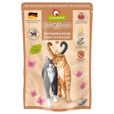 GranataPet DeliCATessen tacchino e fagiano, paté. Prodotto in Germania, senza test sugli animali, con semi di melagrana, olio di salmone, cozza verde, senza cereali.